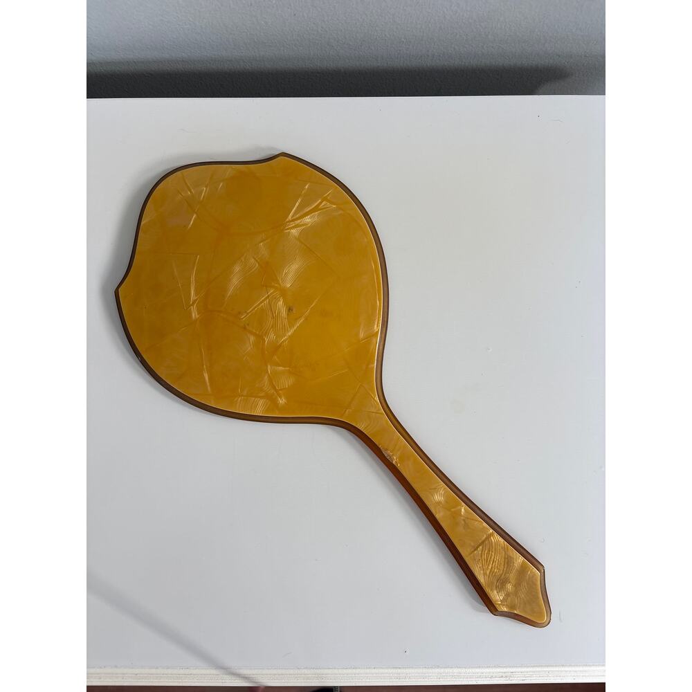 Vintage Bakelite Beveled Hand Mirror Amber 1930’s Art Deco 14” Celluloid